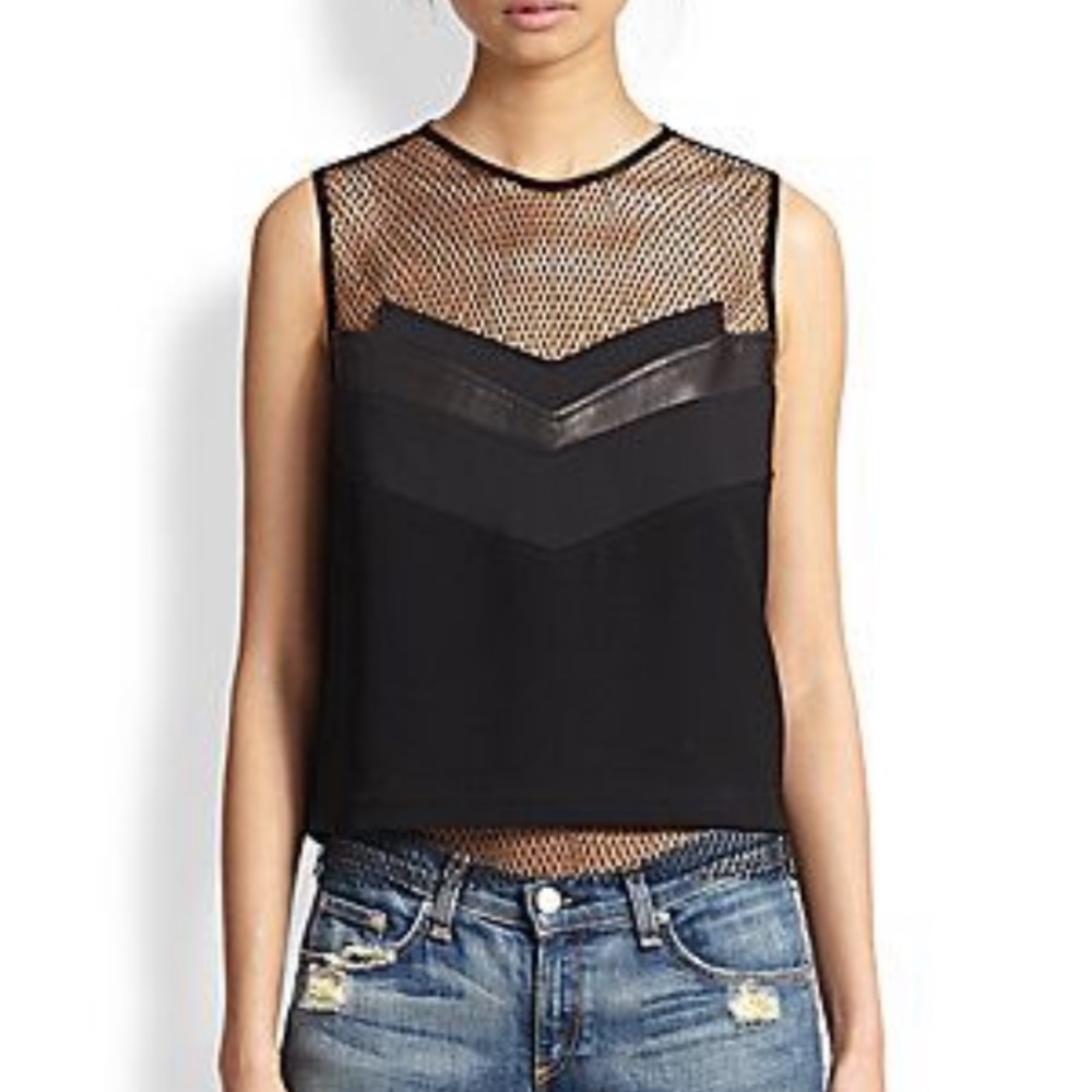 Rag & Bone Smith Leather Trimmed Mesh top
